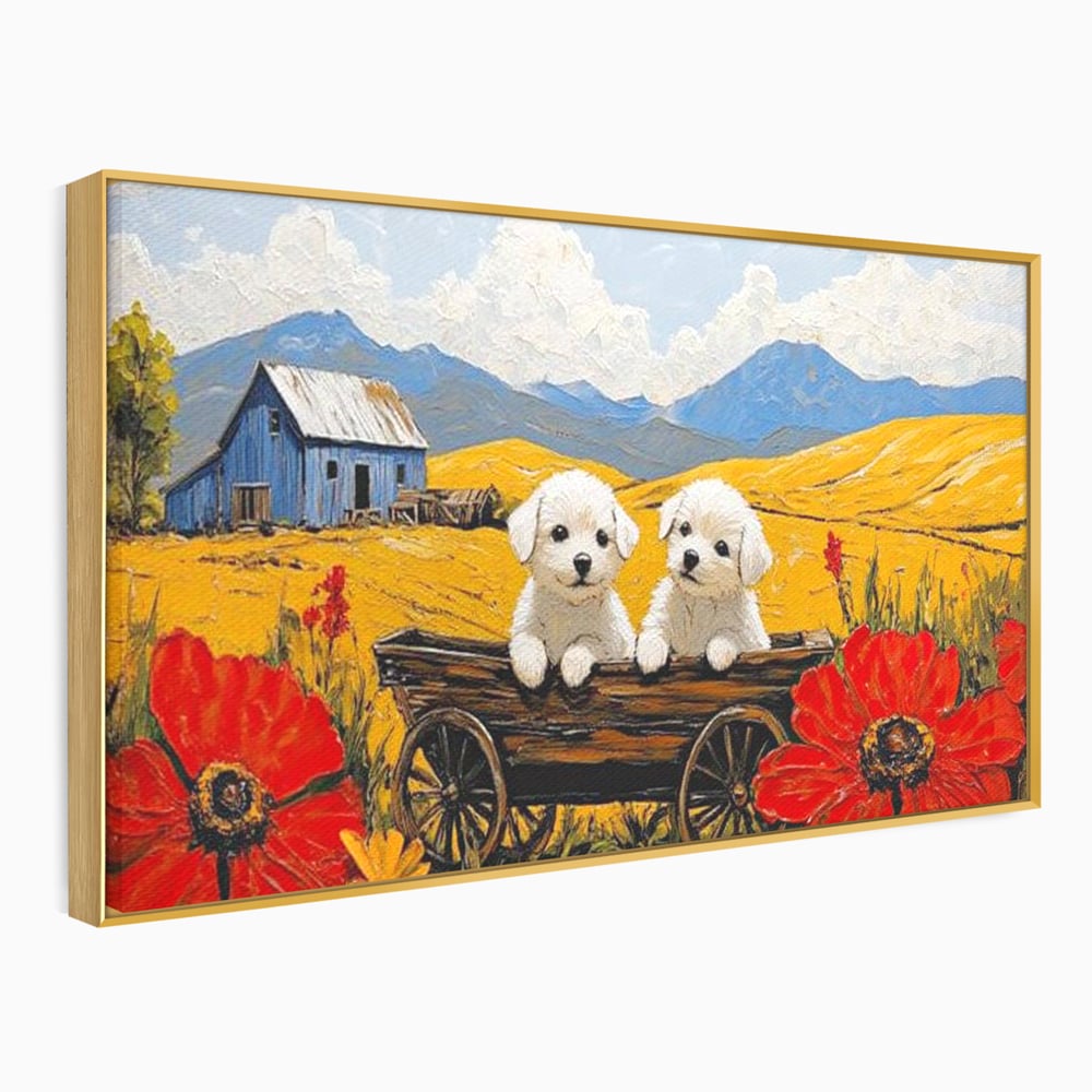 Tablou canvas cu tablou canvas cu catei in caruta si maci, in rama de aluminiu auriu